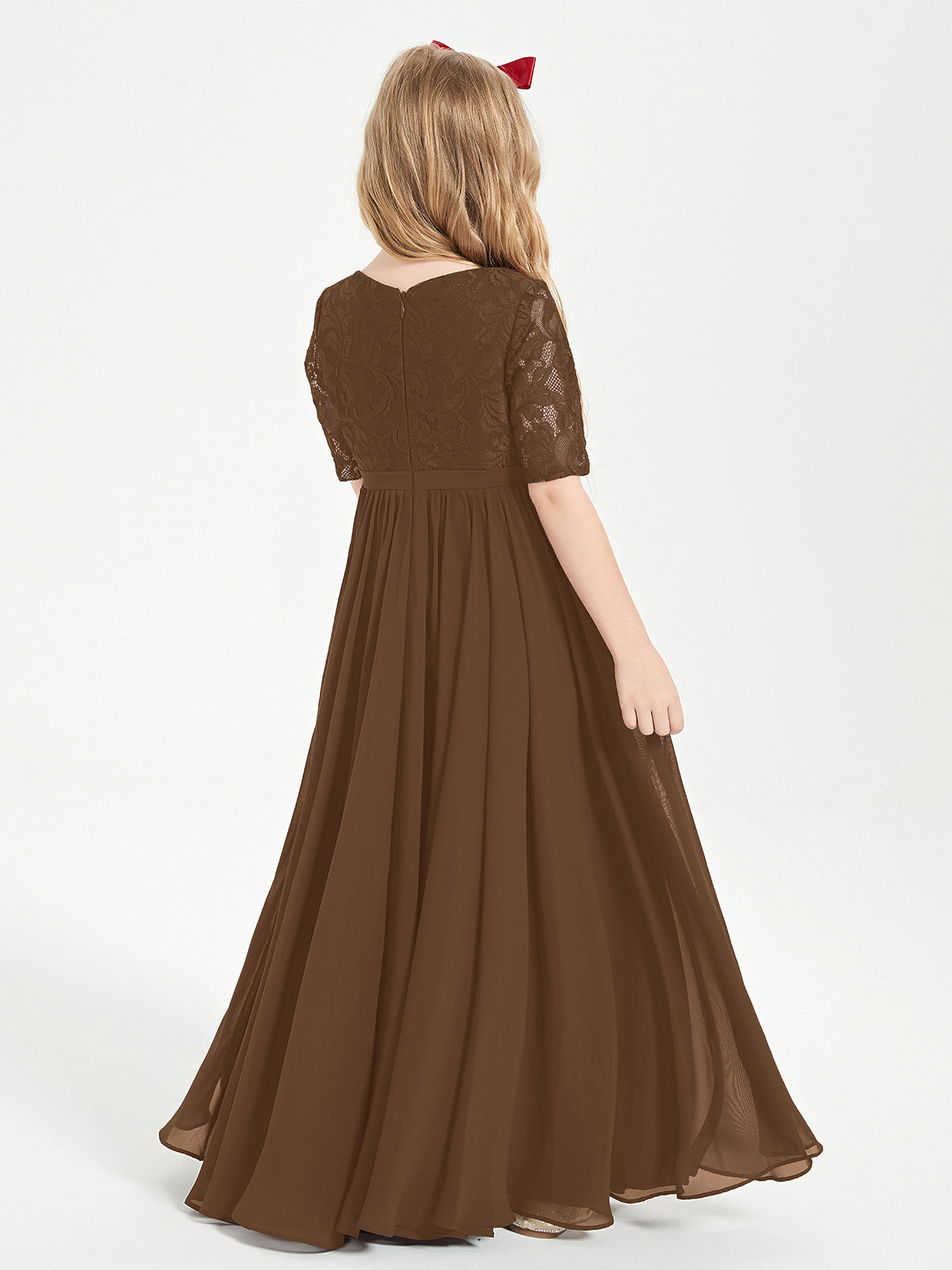 Lace Top Half Sleeved Junior Bridesmaids Dresses Brown